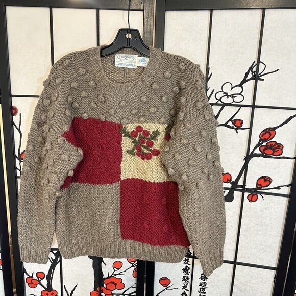VTG Susan Bristol Hand Embroidered Granny Sweater Size 34 (small) Wool Pom Pom - Picture 1 of 8
